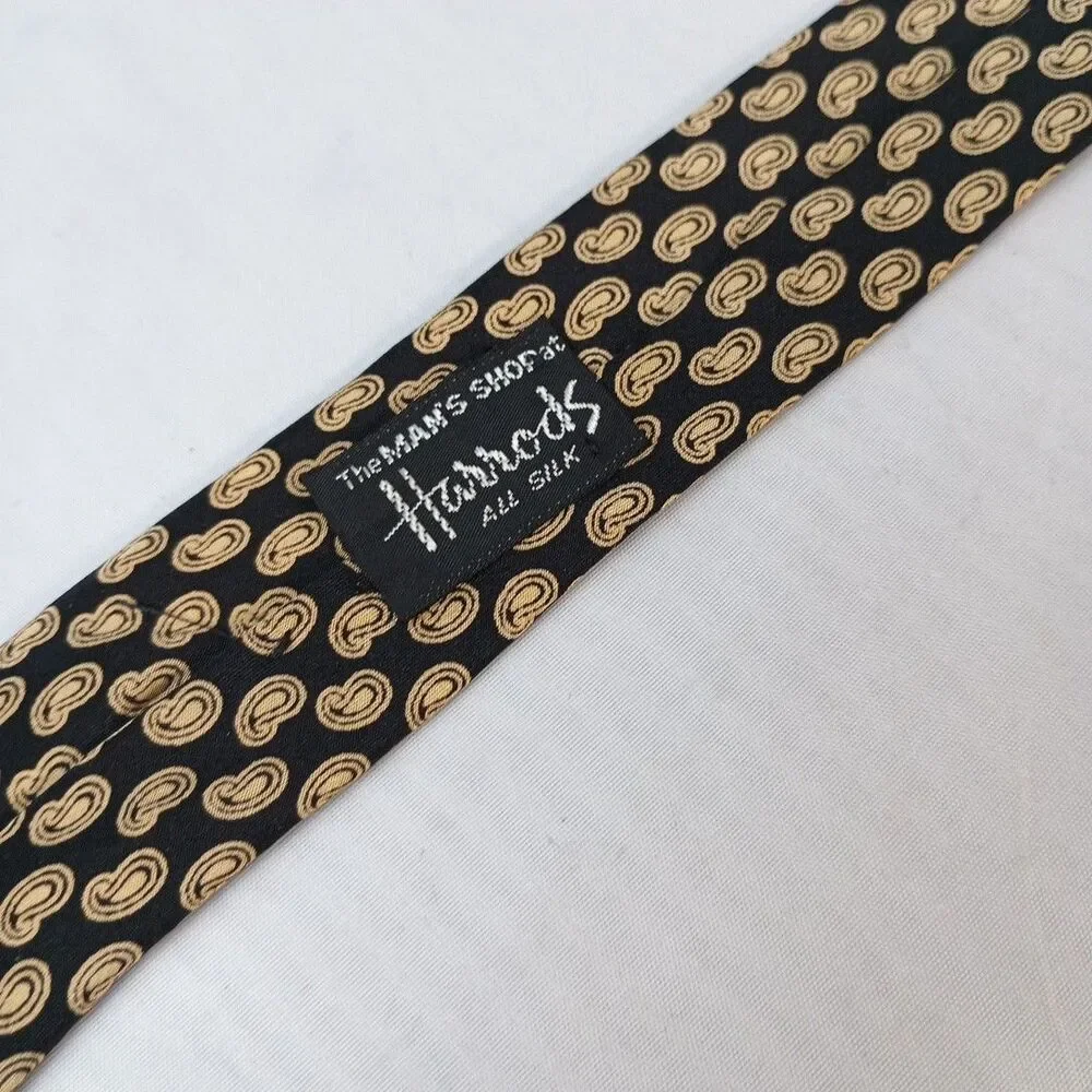 LANVIN Paris 100% Silk Made in France Black & Gold Paisley Designer Neck Tie 56